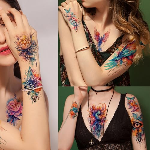 Glaryyears Watercolor Temporary Tattoos for Women Adults - Pattern A, 52 pcs