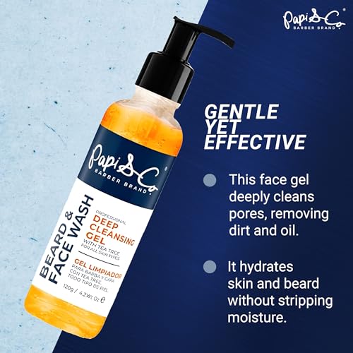 PAPI & CO. - Men's Beard & Face Wash - Deep Cleansing Gel Facial Cleanser - Hydrating Purifying Exfoliating Beard Wash - Moisturizing Conditioner for Itching Relief - Sulfate & Paraben- Free - 4.2 oz