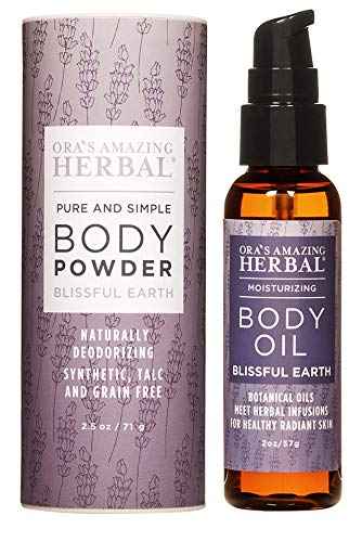 Ora's Amazing Herbal Talc Free Powder and Body Oil, Lavender Bath Set, After Shower Set, Blissful Earth Scent With Lavender Vetiver and Clary Sage, Intertrigo, Natural Skin Care