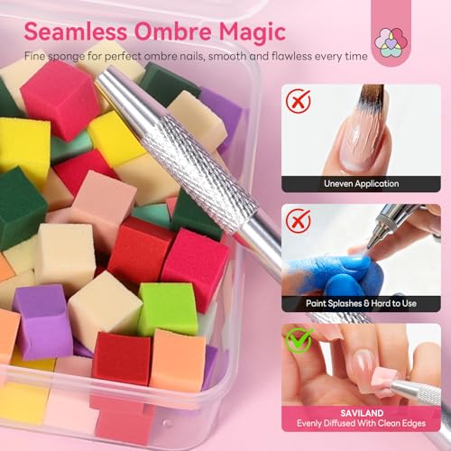 SAVILAND Colorful Mini Nail Sponge Set with Grabbing Pen - 100PCS Nail Art Tools for Ombre & Gradient Designs