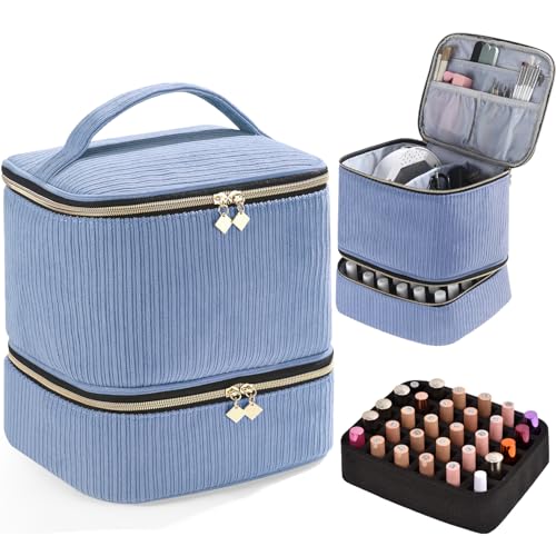 Corduroy Nail Polish Organizer and Nail Lamp Case, Nail Kit Organizer Holds 30 Bottles (15ml - 0.5 fl.oz) and a Nail Lamp, Nail Polish Carrying Case with Manicure Tools Storage Sections (Blue)