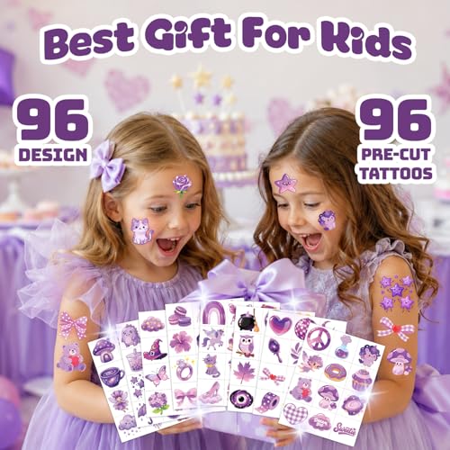 96 Piece Purple Temporary Tattoos for Kids | Waterproof Kawaii