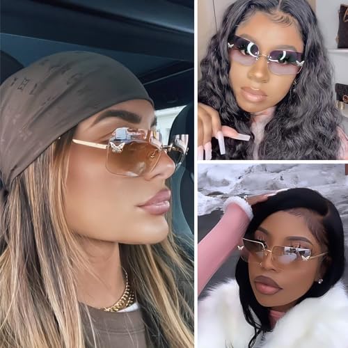 Unisex Rimless Y2K Rectangle Sunglasses with Clear Tinted Lenses - Fashion Shades for Women & Men