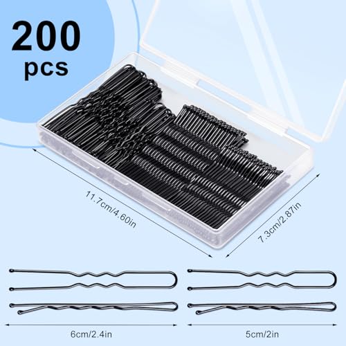 Bobby Hair Pins Kit, 200pc U-Shaped Black Metal with Storage Box