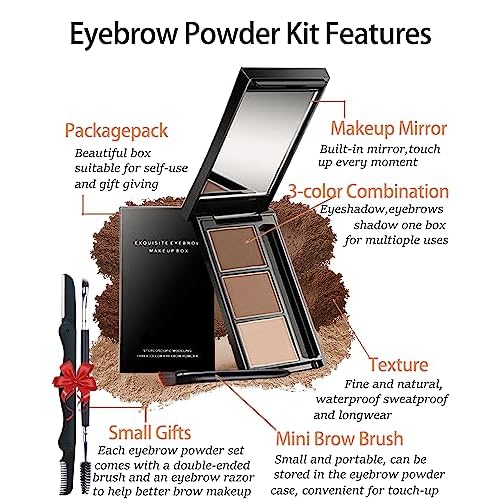Eyebrow Powder Makeup Kit-3 Colors Eye Brow Powder Palette Long-Lasting Waterproof, Black Brown Series Brow Powder, Fill & Sculpt Full Eyebrows for Women, With Mirror, Brow Brush & Razor-Set 01