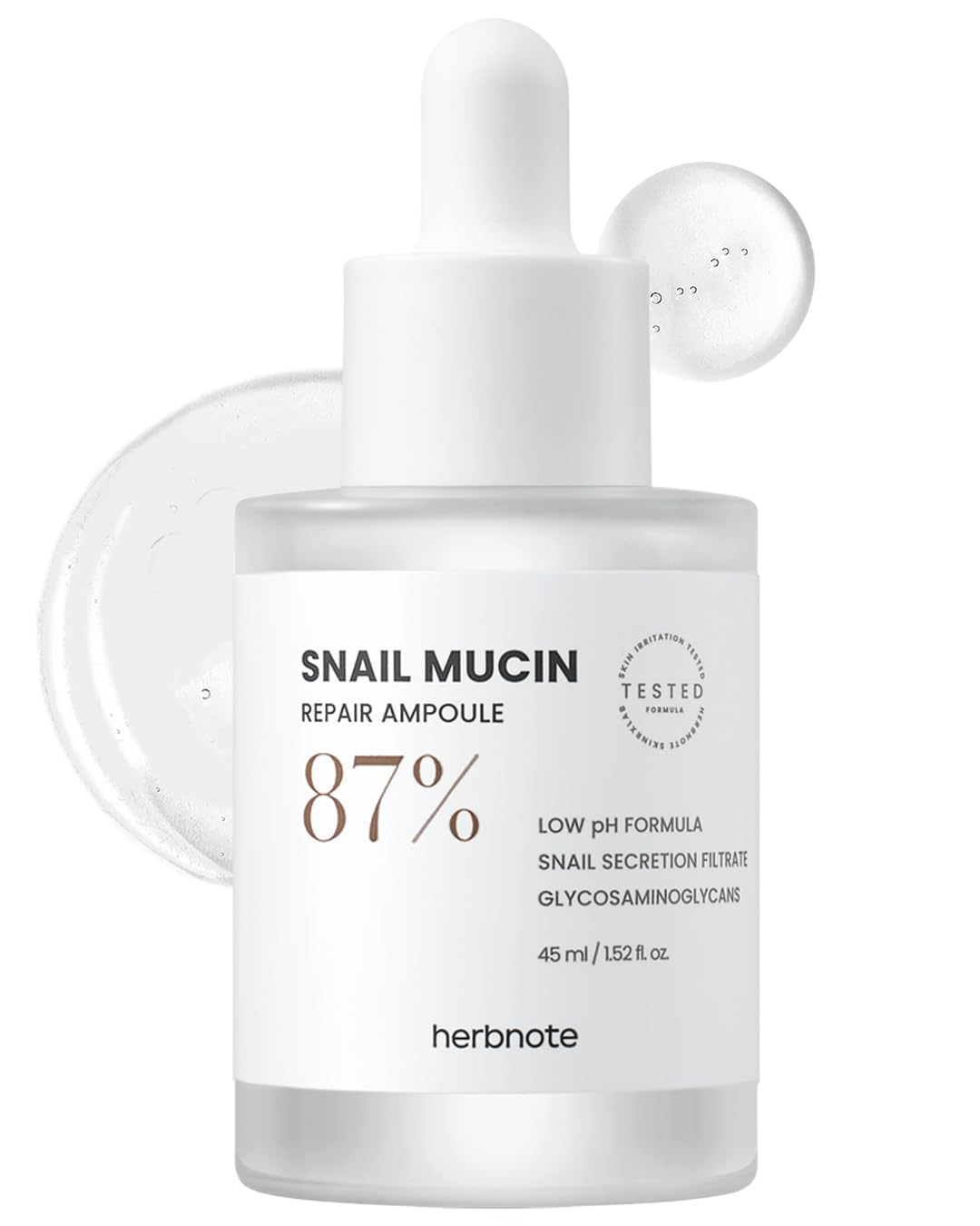 HERBNOTE Snail Mucin Repair Ampoule - Boost Skin Regeneration, Tighten Enlarged Pores, Reduce Redness & Blemishes - 85% Snail Secretion Filtrate, 2% Niacinamide & EGF, 1.52 fl.oz.