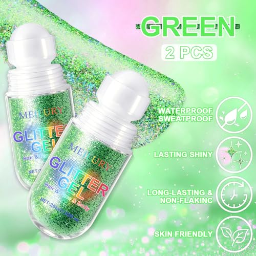 2PCS Green Roll-On Body & Face Glitter Gel for Face Hair & Body - St Patrick's Day Glitter