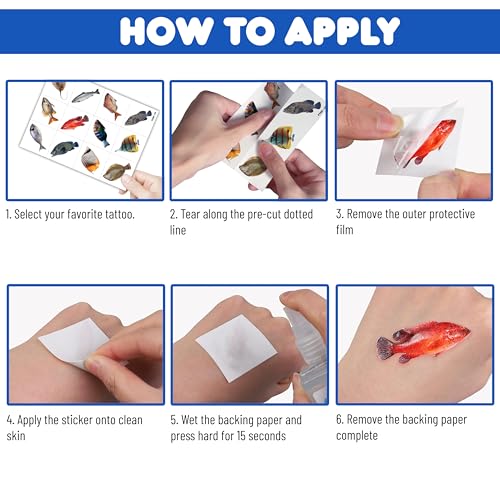 Fish Temporary Tattoos - 96 Designs, 8 Sheets for Kids