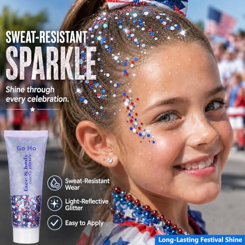 Red White Blue Patriotic Glitter Gel for Face & Body