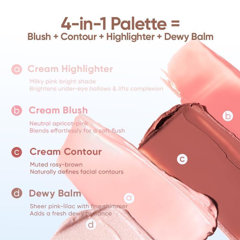4-in-1 Blush & Highlighter Palette - Travel-Friendly Cream Formula