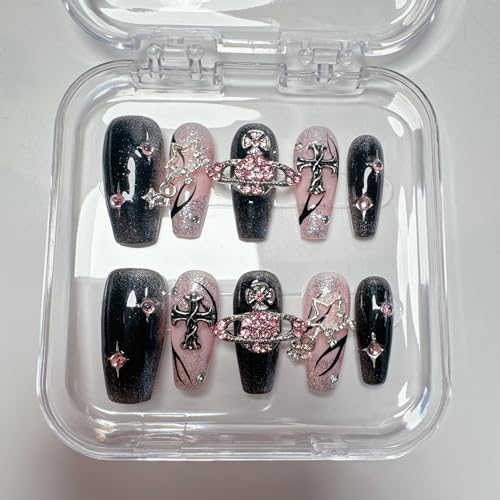 NLSJMP 3D Handmade Long Stiletto Press on Nails Almond Acrylic Fake Nails Kit,Rhinestone Luxury glitter Design Nail Art Kit,Reusable False nails,Include Toolkit,10Pcs,Size S,#986