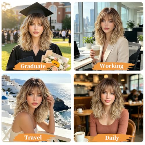 Lativ Blonde Bob Wig with Bangs Short Wavy Curly