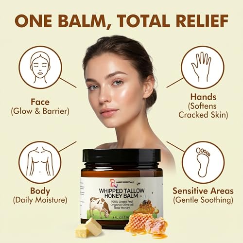 Beef Tallow & Honey Balm, All-Natural Moisturizer with Raw Honey & Olive Oil, Grass-Fed Tallow Cream for Face & Body, Deeply Nourishing Skin Care for Women & Men, Rich Moisture