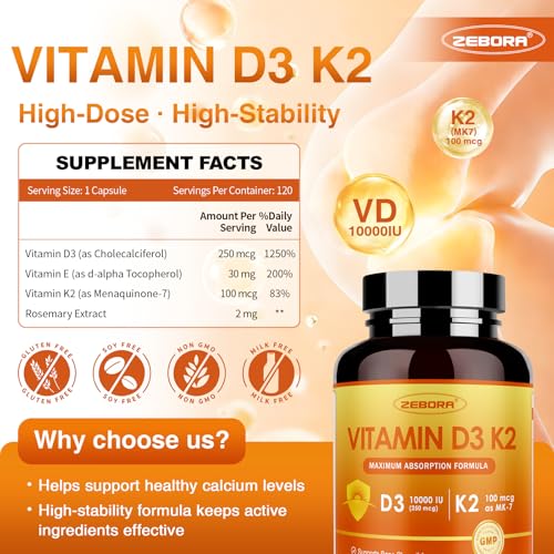 ZEBORA Vitamin D3 K2 10,000 IU & 100mg K2 - Immune & Bone Support Capsules