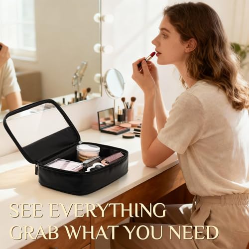 Abbylike 3 Pcs Clear Makeup Bag PU Leather Travel Cosmetic Case Transparent Toiletry Bag with Zipper Waterproof Travel Toiletry Bags for Women and Girls(Black)