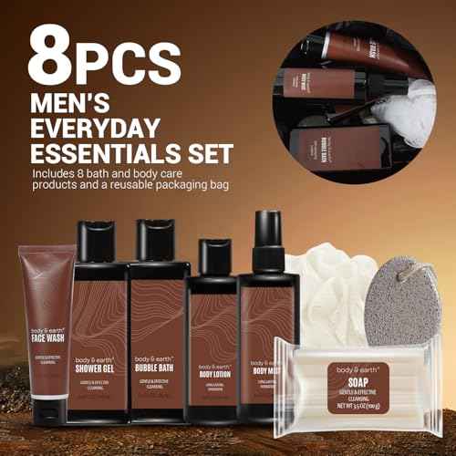 Body & Earth Bath and Body Wash Sets for Men - 8pcs Spa Baskets Mens Birthday Gifts Sandalwood, Self Care Kit, Husband Men Father's Day Gifts