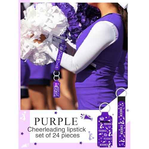 24 Pcs Cheerleader Gifts Bulk Cheer Lipstick Holder Keychain Lanyard Set Cheerleader Party Favor Cheer Theme Portable Lipstick Holder and Lanyard for Team Sports Supplies(Purple)