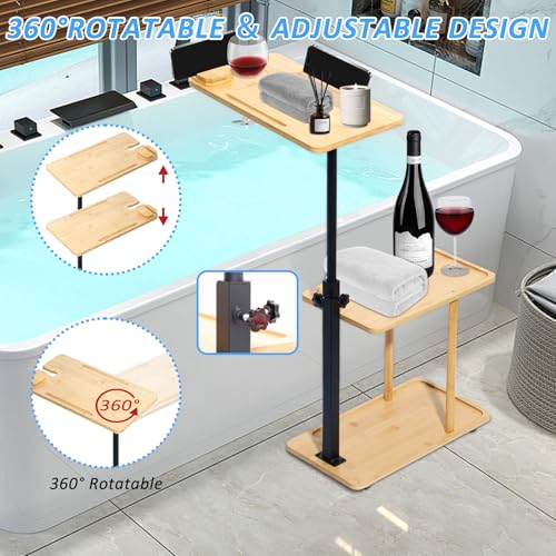 3-Tier Bamboo Bath Tray Table with Adjustable Height & Rotating Shelf