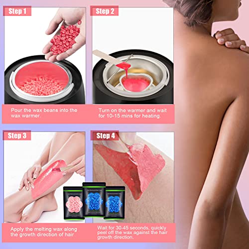 Auperwel Hard Wax Beads for Sensitive Skin 10.5 oz - Blue & Pink Variants for Painless Hair Removal, Bikini, Face, Legs, Eyebrows, 3-Pack with 10 Wax Sticks