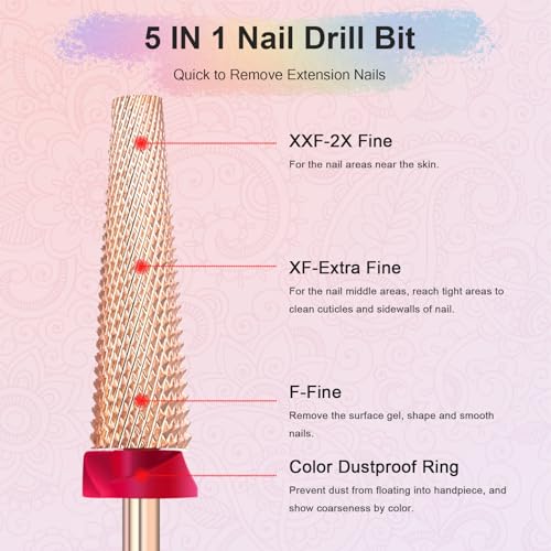 Depvko 5-in-1 Carbide Nail Drill Bit 3/32'' Rose Gold Fine