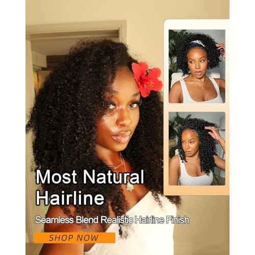 Kinky Curly Half Wig Human Hair 200% Density Wear And Go Glueless Wigs Human Hair Flexi-Fit Afro Curly 3 In 1 Half Wigs for Black Women Drawstring Seamless Flip Headband Wig 20 Inch