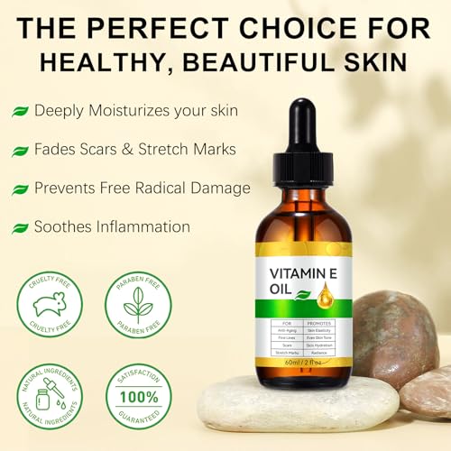 Vitamin E Oil, 100% Pure Natural Vitamin E for Skin, Hair, Nails & Scars, Body, for Moisturizing Dry Skin, Skincare, Cold Pressed, Hexane Free, Non-GMO, 2 Fl Oz