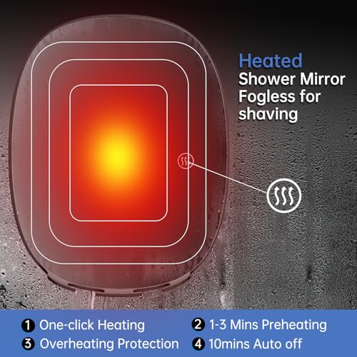 COSMIRROR Heated Shower Mirror Fogless for Shaving, Fog Free Shaving Mirror with 2 Razor Holders, Rechargeable No Fog Mirror for Shower, 360¡Æ Adhesive Mounted Steam Free Shower Mirror Without Light