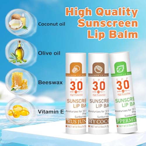 SPF 30 Lip Balm with Sunscreen, SPF Lip Balm Bulk Travel Size-32 Pack, Hydrating Lip Balm Pack with Vitamin E and Coconut Oil- 8 Flavors