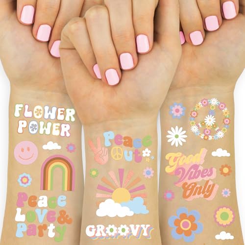 xo, Fetti Groovy 70s Temporary Tattoos - 48 Glitter Styles | Flower Power Birthday Party Supplies, Good Vibes Only Favors, Smiley, Rainbow Arts and Crafts