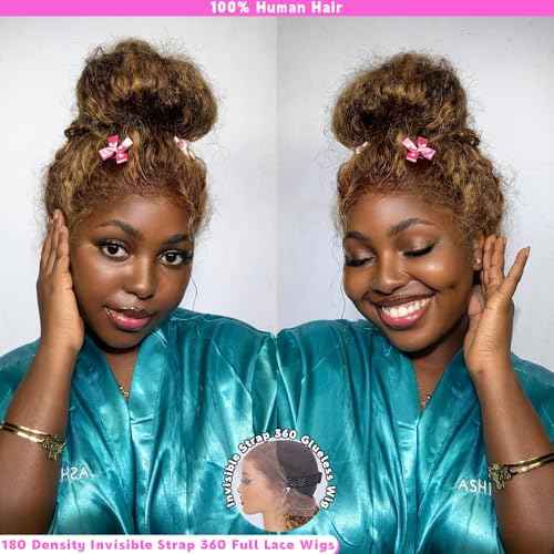 Honey Blonde 360 Lace Front Wigs Human Hair Invisi Strap Ombre Highlight Deep Wave Lace Front Wigs Human Hair Pre Plucked 180 Density 360 HD Full Lace Frontal Glueless Wigs for Women 28 Inch