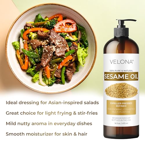 Sesame Seed Oil by Velona - 1 Gallon / 128 Fl Oz | 100% Pure and Natural Carrier Oil | Refined, Expeller Pressed | Cooking, Skin, Hair, Body & Face Moisturizing | Use Today - Enjoy Results