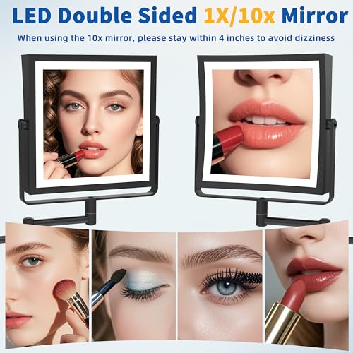 Ruacq Rechargeable Wall Mounted Makeup Mirror with Lights, Double Sided 1X/10X Magnifying Vanity Mirror with 3 Color Lighting, Touch Screen Dimmable, 360¡Æ Rotation Extension Foldable Arm(Matte Black)