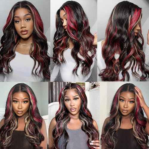 Black Red Blonde Highlight Wig Human Hair Body Wave Lace Front Wigs Human Hair Pre Plucked for Women 180% Density 13X4 HD Lace Frontal Blonde Red Highlights Glueless Colored Human Hair Wig 24 Inch