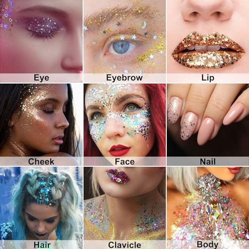 MAEPEOR Face Body Glitter Gel 14 Colors Mermaid Sequins Body Glitter Gel Chunky Holographic Glitter Liquid Body Makeup for Face Body Hair Nails (50ml, F04 Hot Pink)