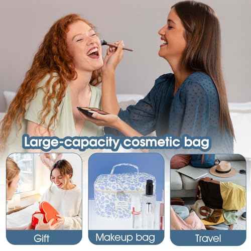 Large Makeup Bag, Cute Quilted Makeup Bag for Women, Travel Cotton Make Up Organizer Bag, Floral Coquette Aesthetic Toiletry Bag, Gift For Daughter, Preppy Things For Girls