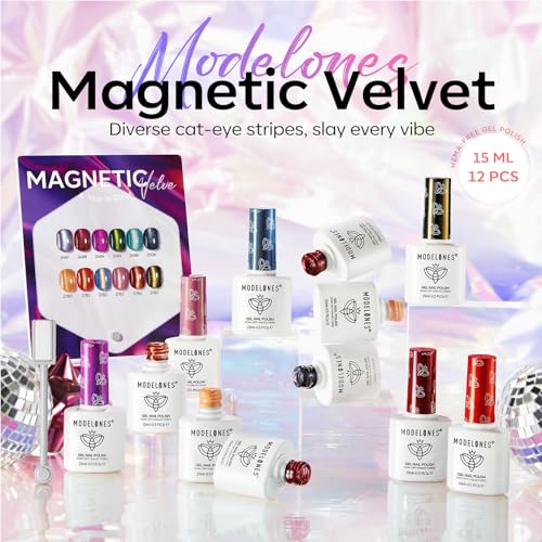 modelones 15ML Cat Eye Gel Nail Polish Set, 12Pcs Glitter Pink Red Green Purple Blue Cateye Gel Polish Set with Magnet Sparkle Series Hema-free Gel Polish Kit Same Color Same Bottle Soak Off Nail Art