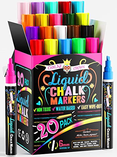 CHALKY CROWN Bold Chalk Markers - Dry Erase Marker Pens - Liquid Chalk Markers for Chalkboards, Signs, Windows, Blackboard, Glass - Reversible Tip (20 Pack) - (Multicolored, 6mm)