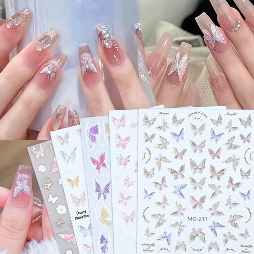 Butterfly Nail Art Stickers 3D Self-Adhesive Aurora Butterfly Nail Decals Blue Purple Pink Shining Glitter Butterfly Nail Art Design Supplies Manicure Sticker for Women Nails DIY Decorations 5 Sheets