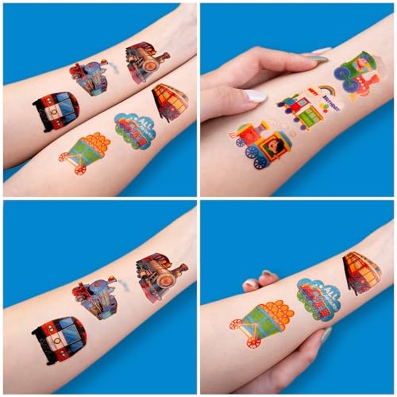 96 PCS Vintage Train Transportation Pre-Cut Temporary Tattoos for Kids | Super Cute Train Themed Birthday Party Favors, Supplies, Decorations, Fake Tattoo Stickers, School Rewards & Gifts Boys & Girls
