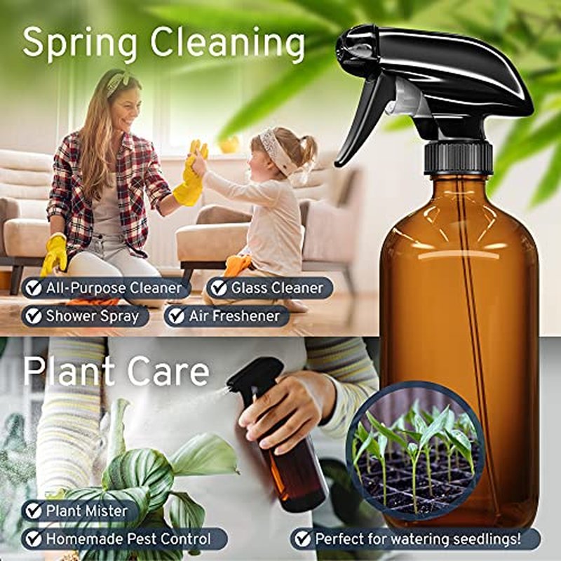 LiBa 16oz Amber Glass Spray Bottles - 2 Pack with Adjustable Nozzle