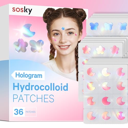 Hydrocolloid Acne Patches with Salicylic Acid - 36 Count Face Zit Stickers with Fun Holographic Designs