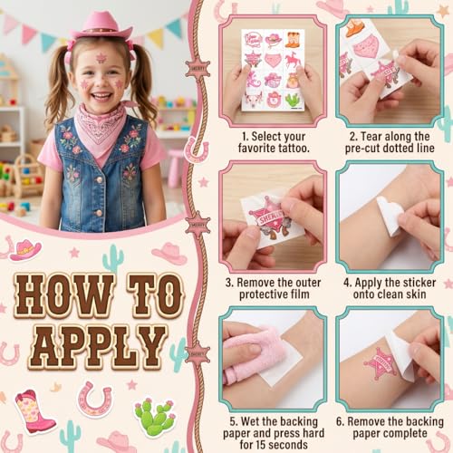 96 Cowgirl Temporary Tattoos for Kids - Western Party Favors
