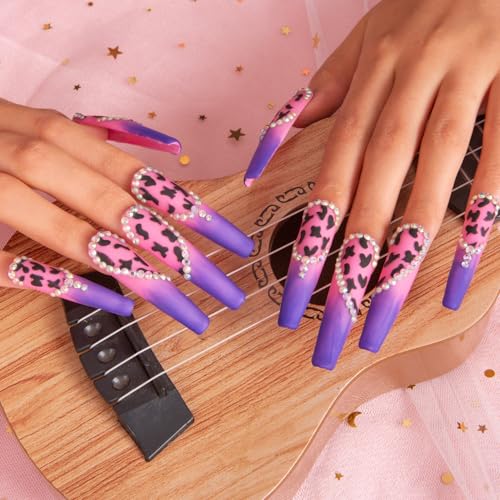 LOVFUL Press on Nails Boozy Lavender | Handmade with Full Covered Crystals | Reusable Full Cover Nails | Coffin Long 2.2 in | H211-S