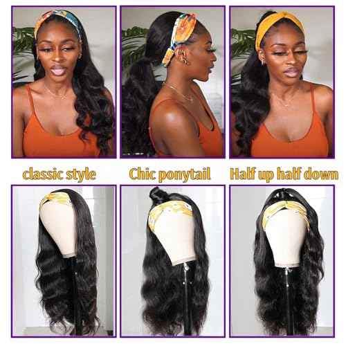 Human Hair Headband Wig Body Wave Real Hair Head Band Wigs for Black Women 100% Brazilian Human Hair Wear and Go Glueless Wigs 150% Density Machine Made Half Straight Wig Natural Color