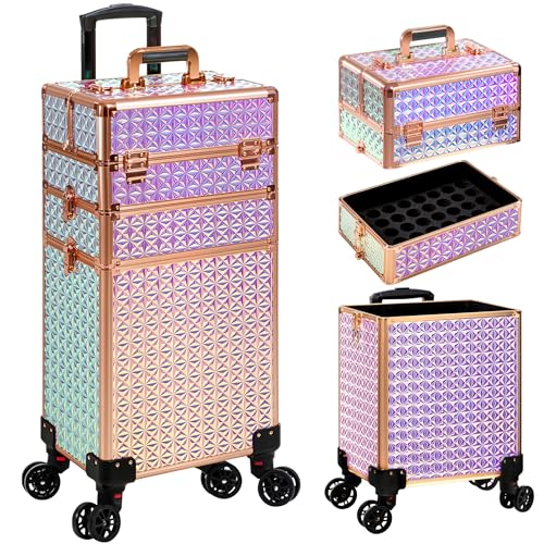 Rolling Makeup Train Case with Keys | Large Cosmetic Trolley Organizer