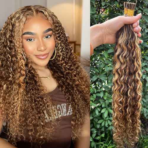 Curly I Tip Hair Extensions Human Hair 4P27 26 Inch Water Wave Cold Fusion Itip Flawless Microlinks Hair Extensions Invisible Blends Naturally Individual Strands for Black Women 50G Brown to Blonde