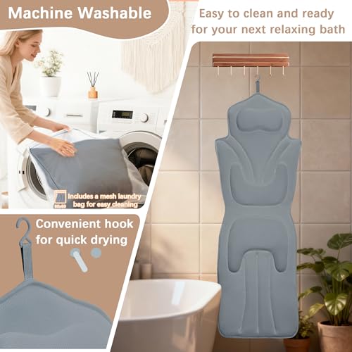Ergonomic Full Body Bath Pillow for Bathtub, 5D Luxury Spa Cushion with 114 Non-Slip Suction Cups, Extra Long Thick Bath Pillow for Full Body Support, for Adult with Laundry Bag & Hook (Grey) (Gray)