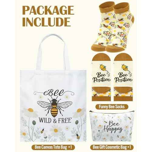 3 Pcs Bee Themed Gifts for Women Funny Honeybee Canvas Tote Bag with Zipper Makeup Bag and Socks Bee day Holiday Birthday Gifts for Mother Teachers Employee Beekeepers Lovers