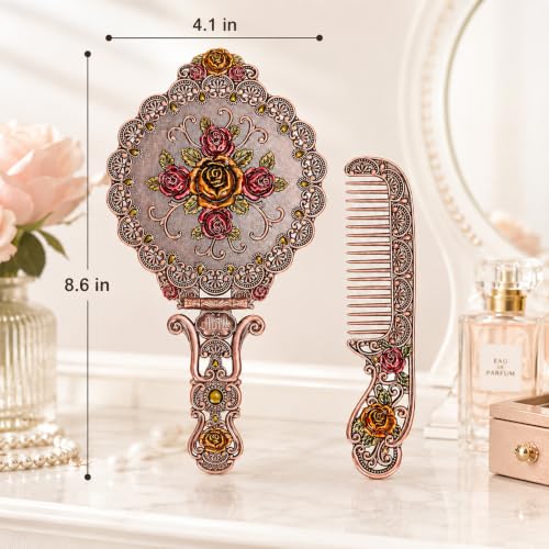 Vintage Hand Mirror & Comb Set - Antique Embossed Rose Design