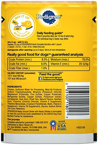 PEDIGREE CHOPPED GROUND DINNER Adult Soft Wet Dog Food With Hearty Chicken, 3.5 oz Pouches, 16 Pack